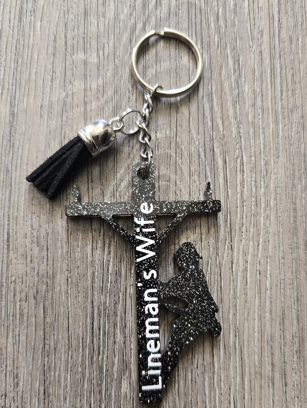 Lineman's Wife Black Glitter Cross Keychain with Tassel